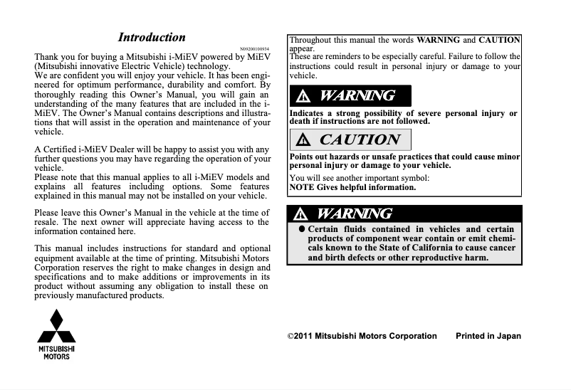 Page 1 de la notice Manuel utilisateur Mitsubishi i-MiEV (2011)