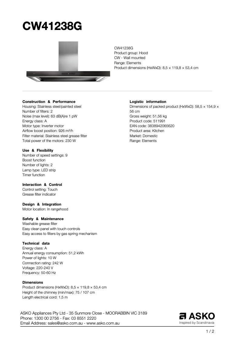 Page 1 de la notice Fiche technique Asko CW41238G