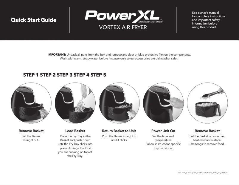 Page n°1 - Guide de démarrage rapide PowerXL Vortex Air Fryer ID1701A