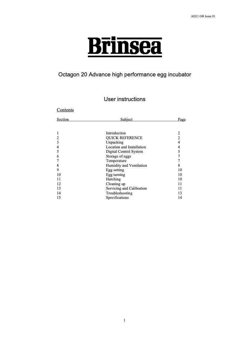 Page 1 de la notice Manuel utilisateur Brinsea Octagon 20 Advance