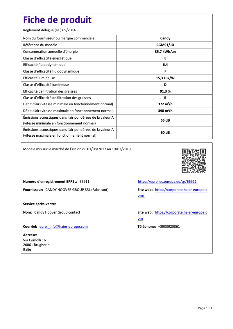 Page 1 de la notice Manuel utilisateur Candy CGM91/1X