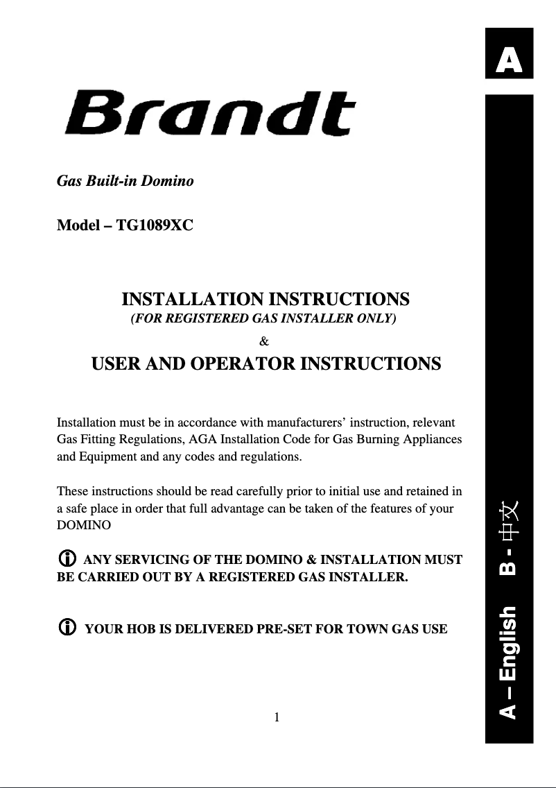 Page 1 de la notice Manuel utilisateur Brandt TG1089XC