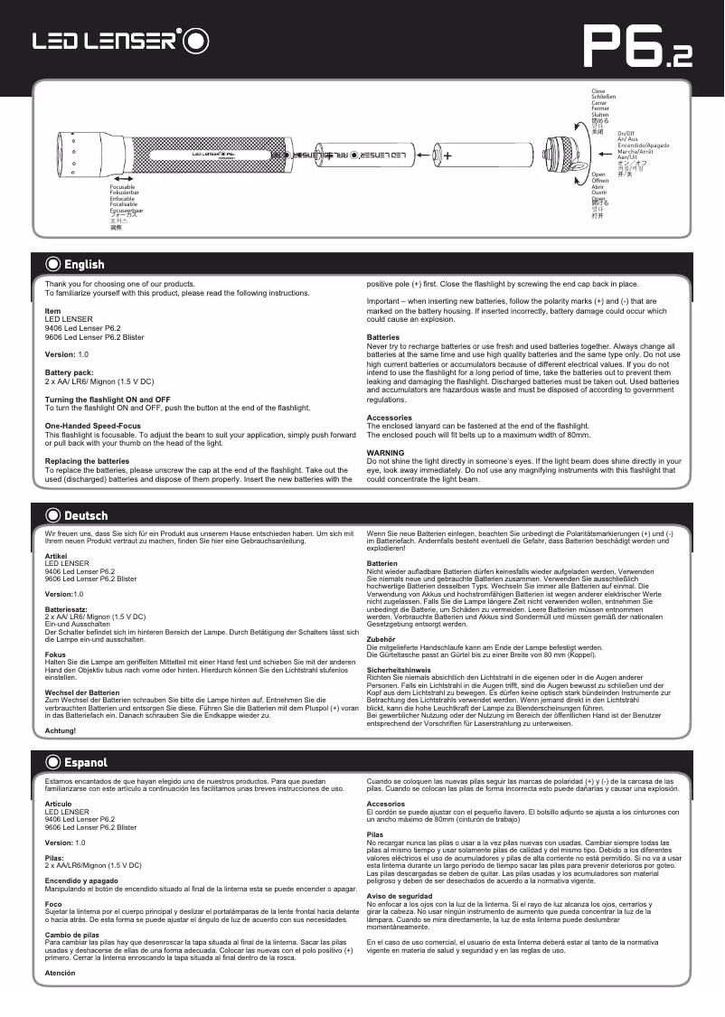 Page 1 de la notice Manuel utilisateur Ledlenser P6 Speed Focus