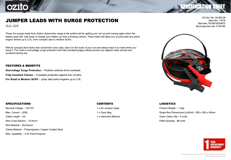 Page 1 de la notice Fiche technique Ozito OJL-325