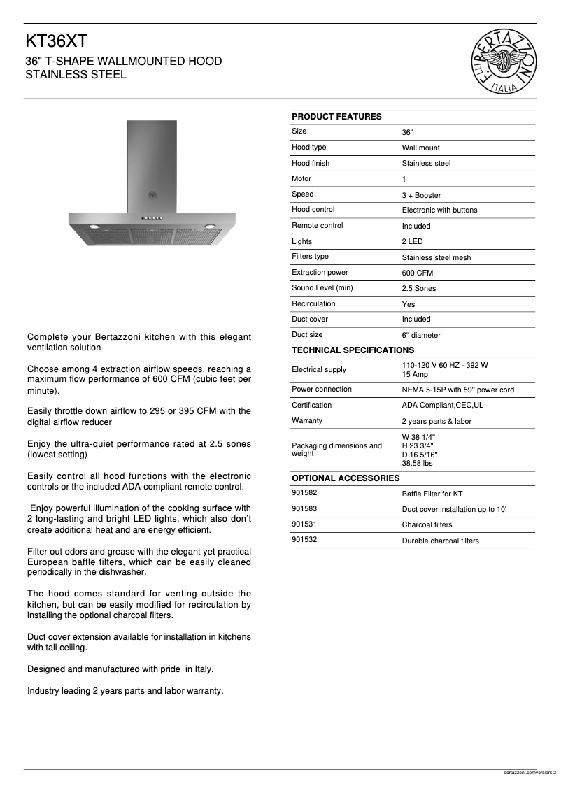 Page 1 de la notice Fiche technique Bertazzoni KT36XT