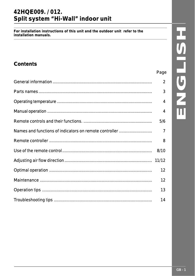 Page 1 de la notice Manuel utilisateur Carrier 42HQE012