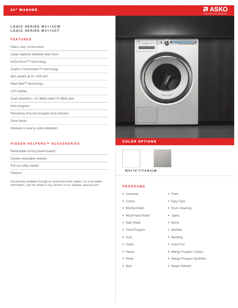 Page 1 de la notice Fiche technique Asko W4114CT
