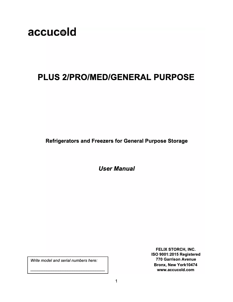 Image de la première page du manuel de l'appareil Accucold FF511LMEDADA