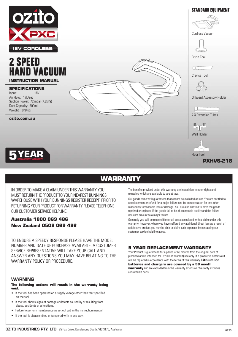 Image de la première page du manuel de l'appareil PXHVS-218
