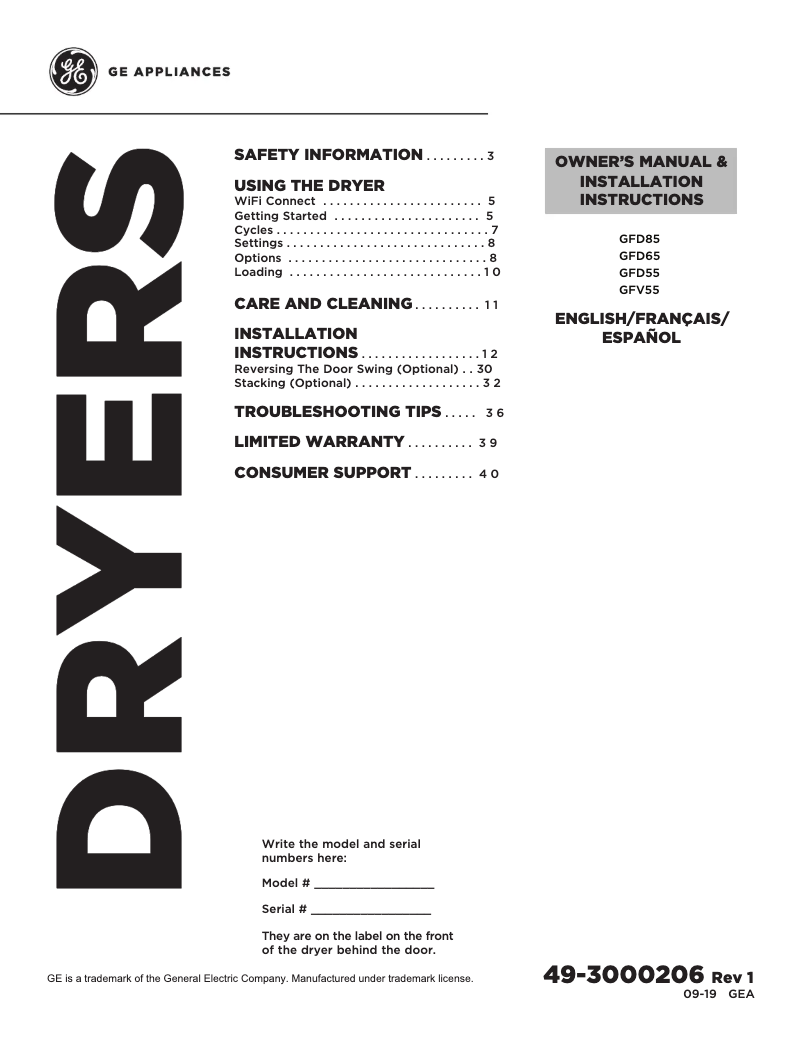 Page 1 de la notice Manuel utilisateur GE GFD85ESPNRS