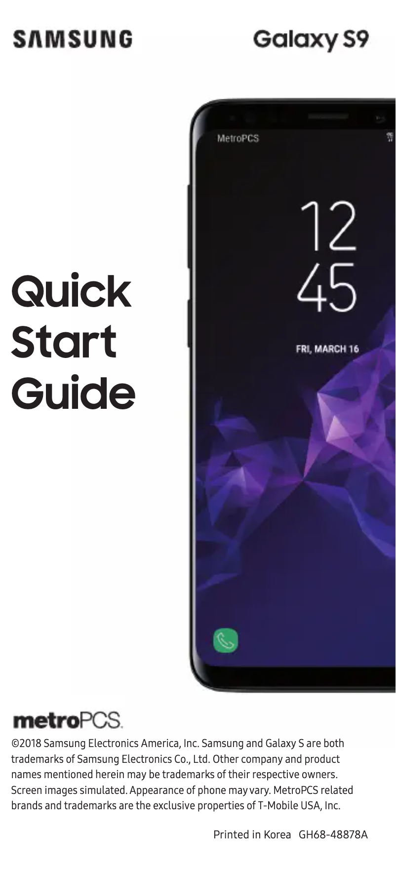 Page 1 de la notice Guide de démarrage rapide Samsung Galaxy S9