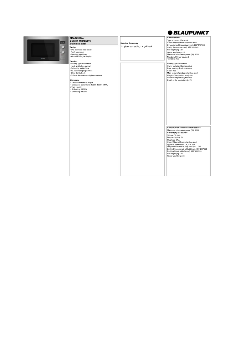 Page n°1 - Fiche technique Blaupunkt 5MA27500AU