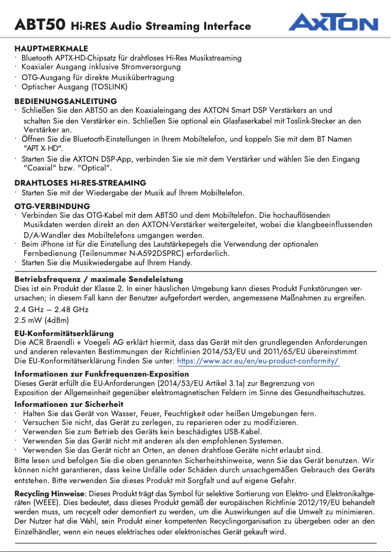 Page n°1 - Manuel utilisateur Axton ABT50