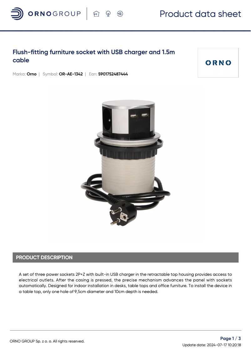 Page 1 de la notice Fiche technique ORNO OR-AE-1342