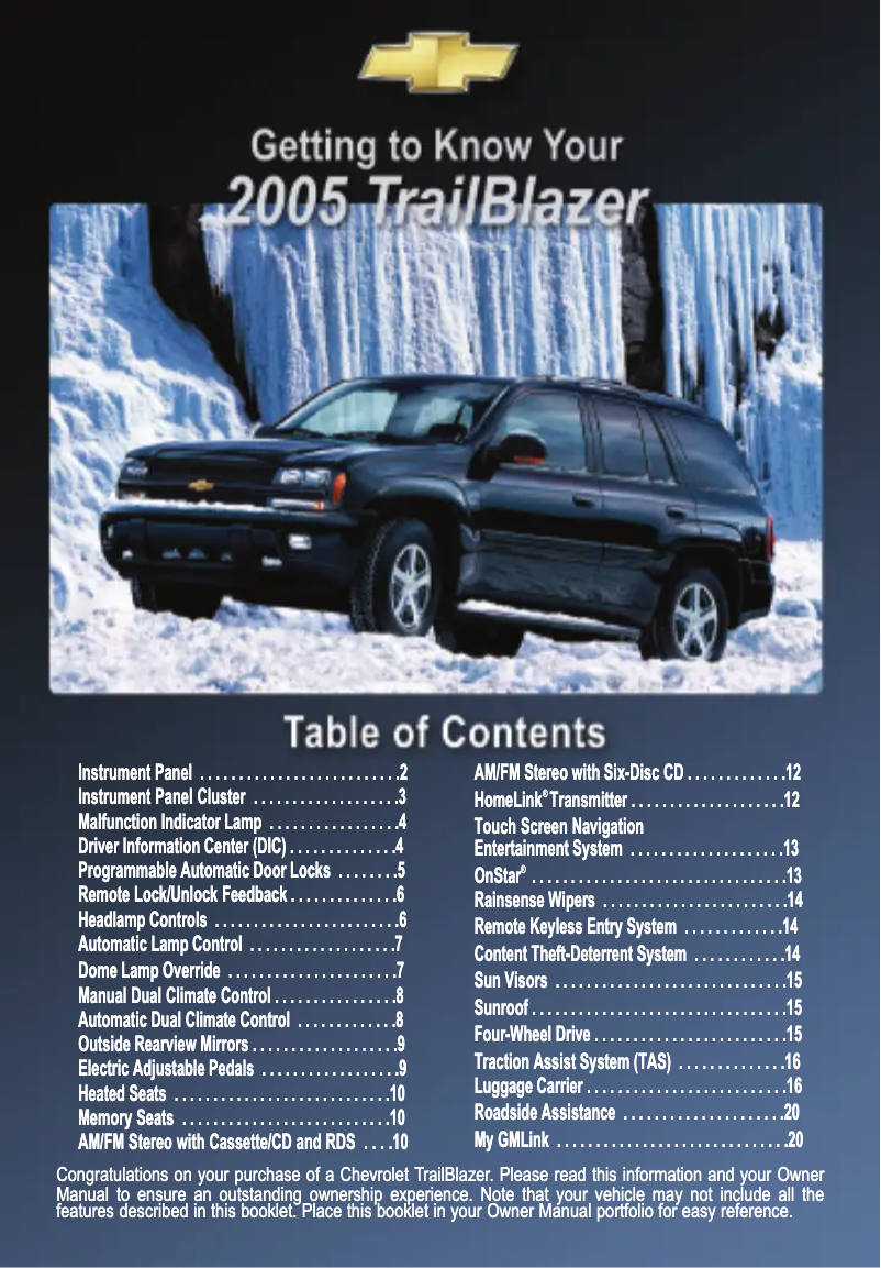 Page 1 de la notice Guide de démarrage rapide Chevrolet TrailBlazer EXT (2005)