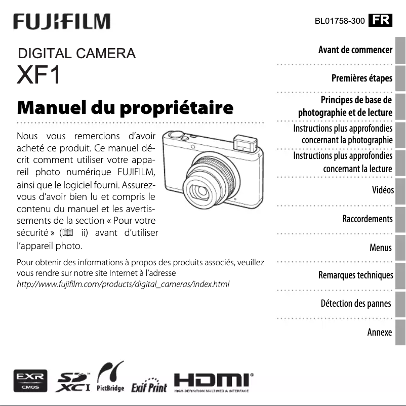 Page 1 de la notice Manuel utilisateur Fujifilm XF1