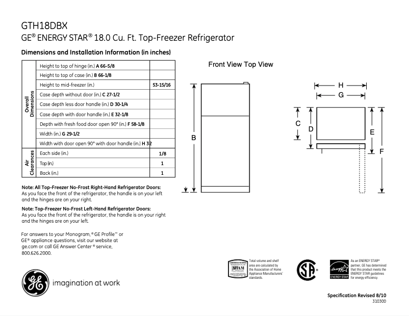 Page 1 de la notice Fiche technique GE GTH18DBXRBB