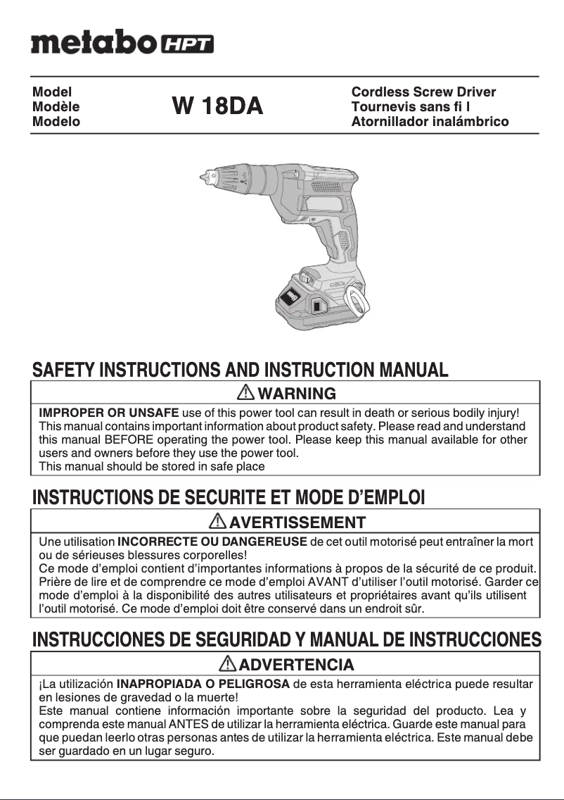 Image de la première page du manuel de l'appareil W18DA