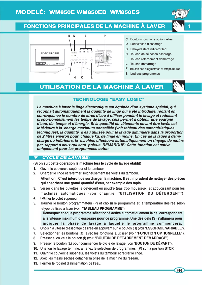 Page 1 de la notice Manuel utilisateur Campomatic WM850EB