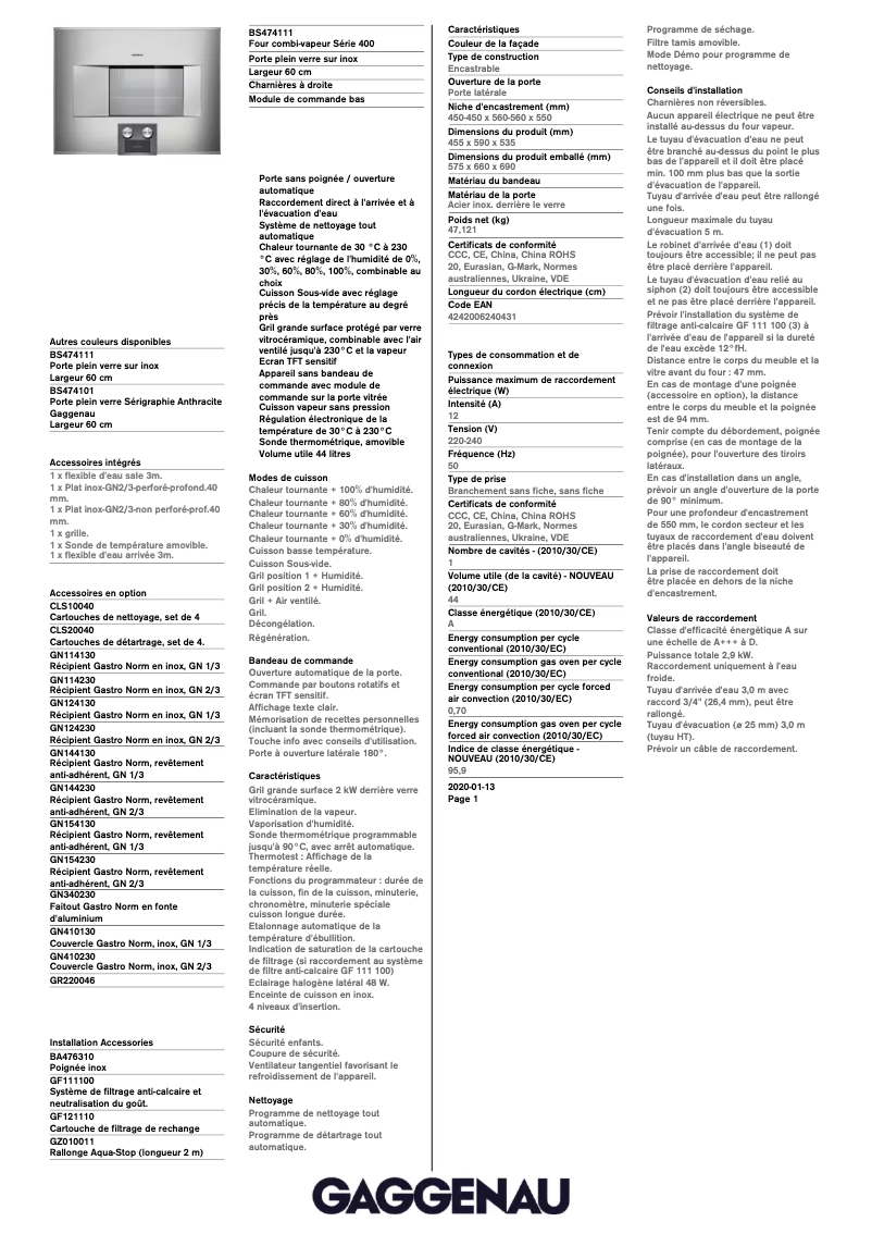 Page 1 de la notice Fiche technique Gaggenau BS474111