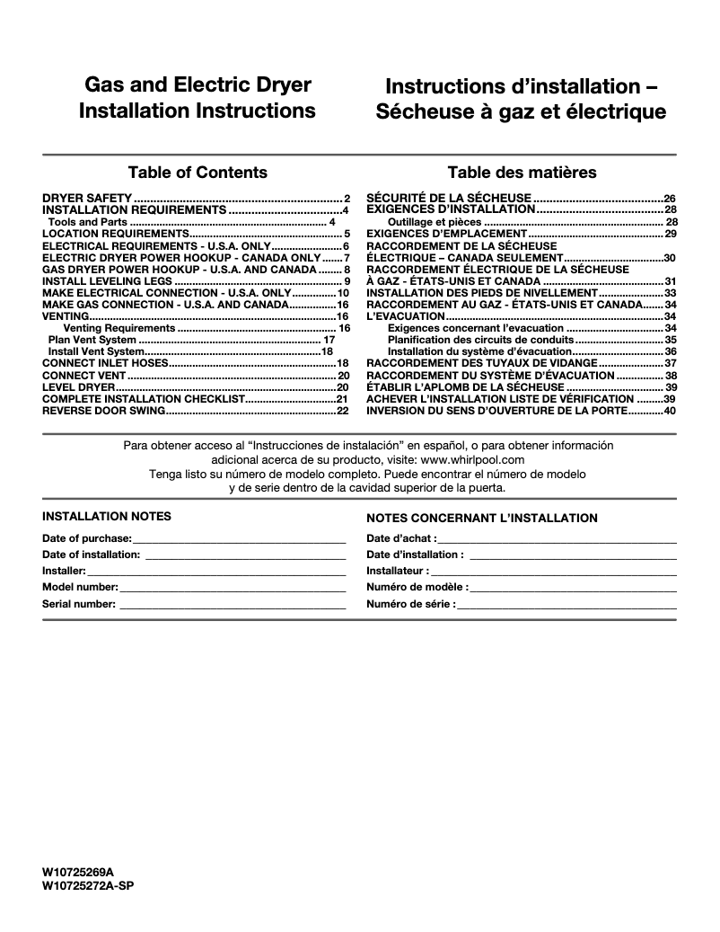 Page n°1 - Guide d'installation Whirlpool WGD8500D