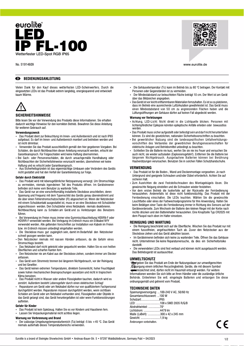 Page 1 de la notice Manuel utilisateur Eurolite LED IP FL-100