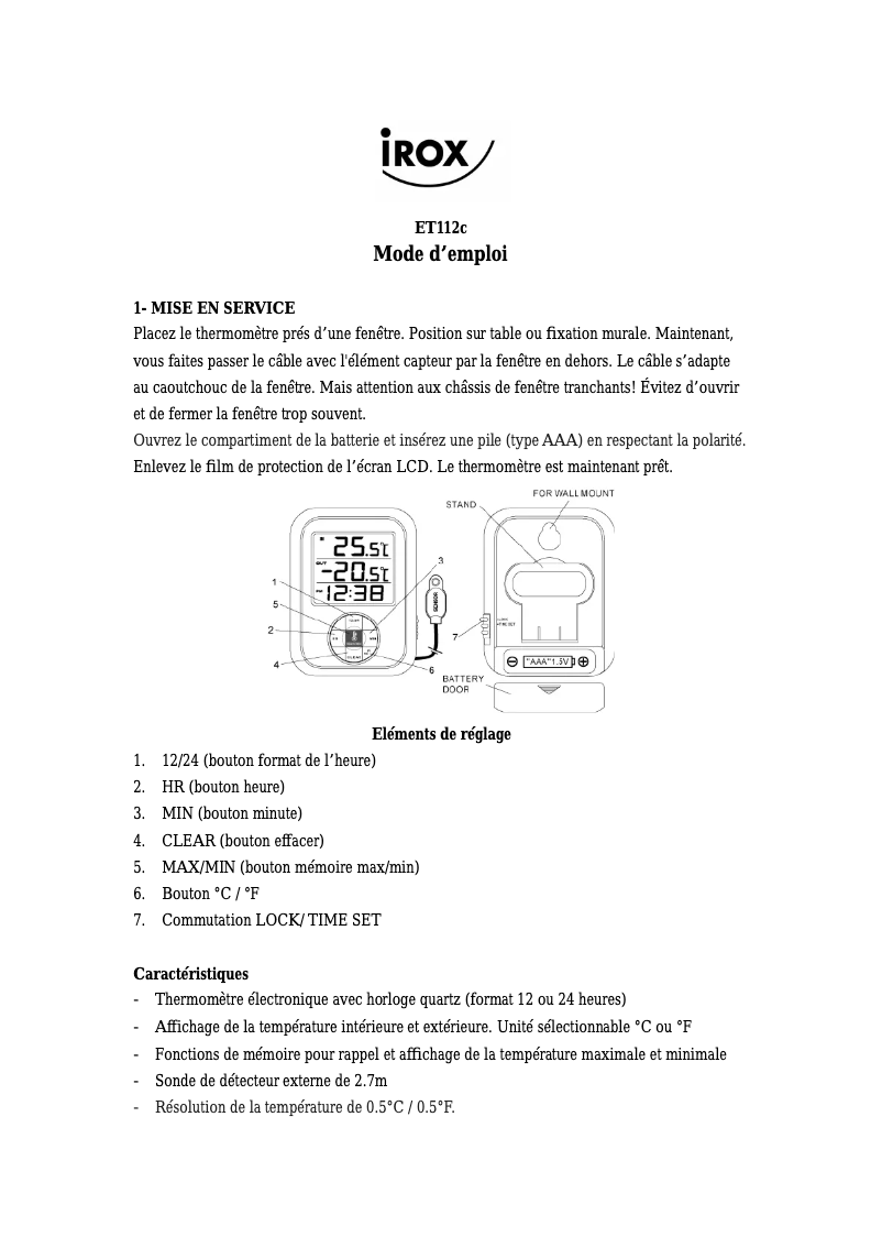 Page 1 de la notice Manuel utilisateur Irox ET112C