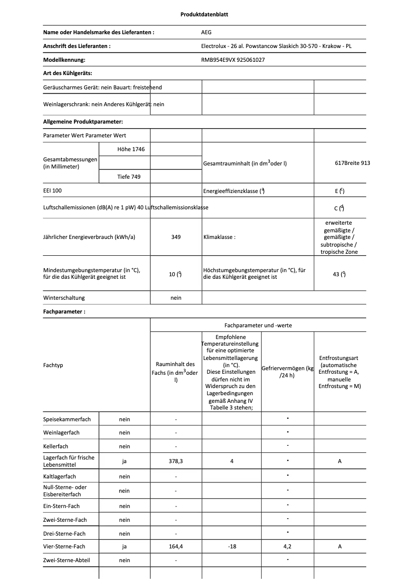 Page 1 de la notice Fiche technique AEG RMB954E9VX