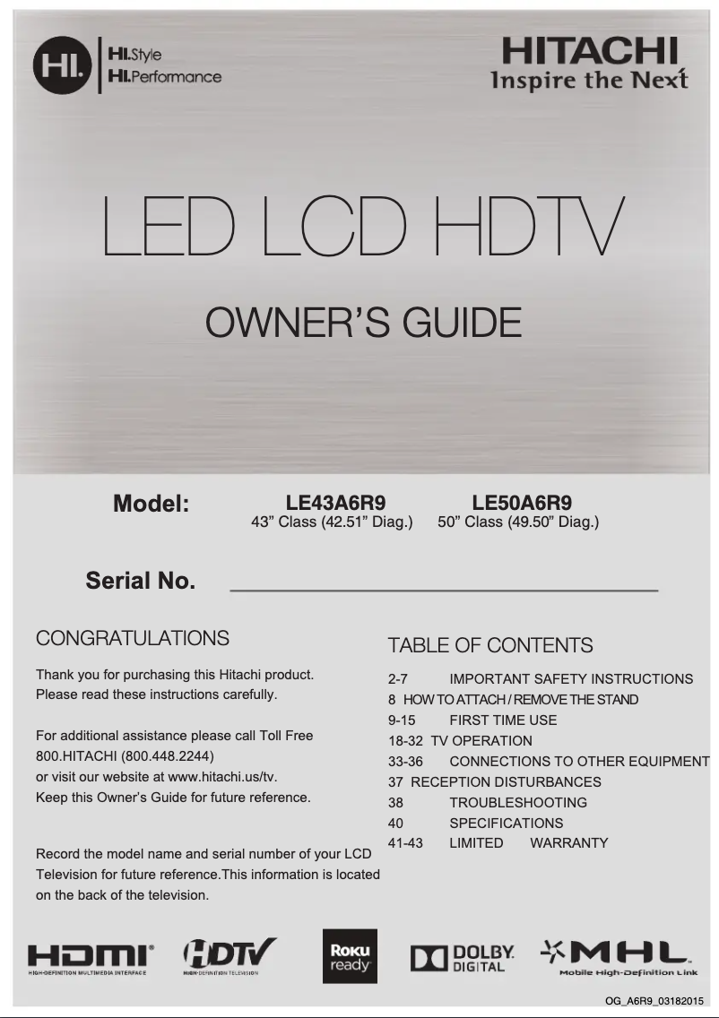 Page 1 de la notice Manuel utilisateur Hitachi LE50A6R9