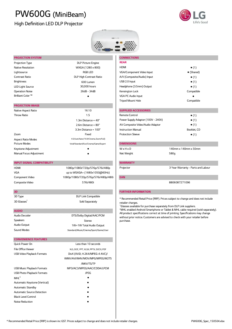 Page 1 de la notice Fiche technique LG PW600G