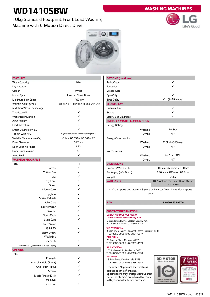 Página 1 del manual Ficha técnica LG WD1410SBW