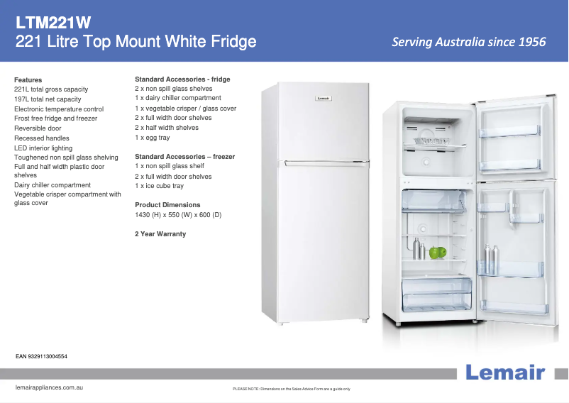 Page 1 de la notice Fiche technique Lemair LTM221W