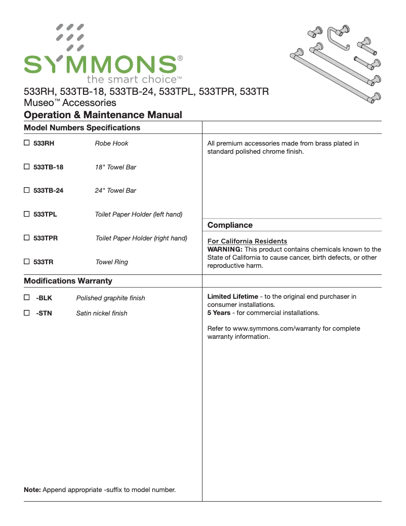 Página 1 del manual Manual de usuario Symmons Museo 533TPL