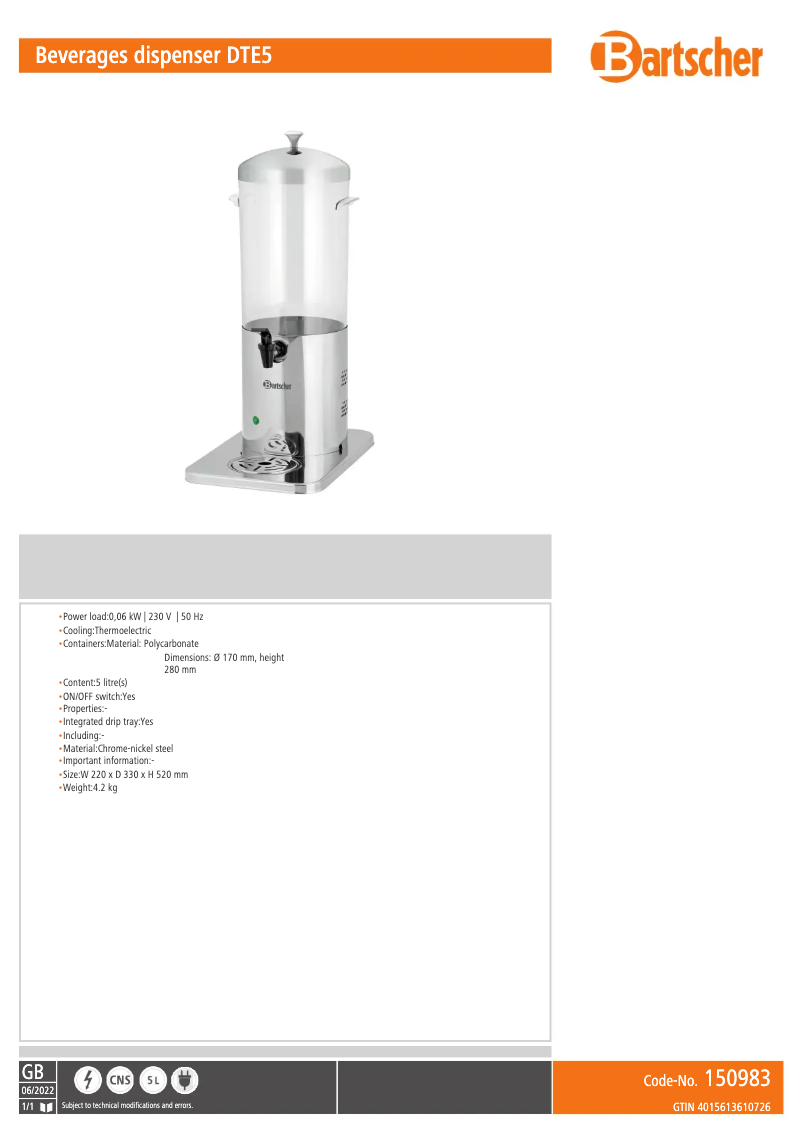 Page 1 de la notice Fiche technique Bartscher DTE5
