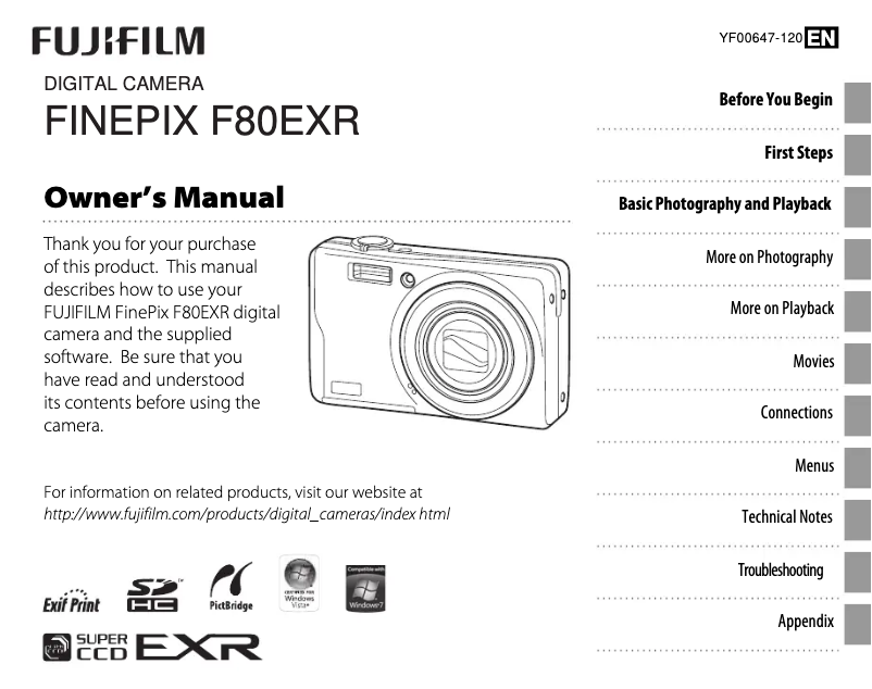 Page 1 de la notice Manuel utilisateur Fujifilm FinePix F80EXR
