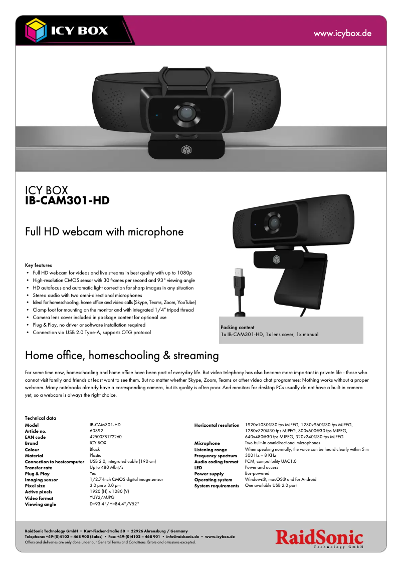 Page n°1 - Fiche technique Icy Box IB-CAM301-HD