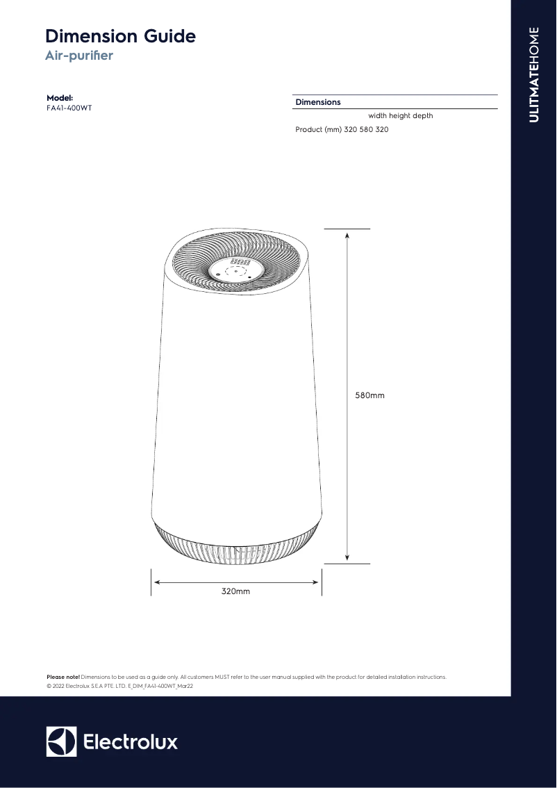 Page 1 de la notice Dessin technique Electrolux Flow A4 FA41-400WT