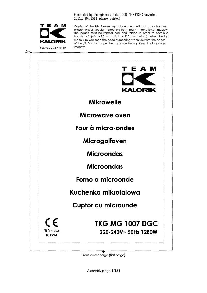 Image de la première page du manuel de l'appareil TKG MG 1007 DGC