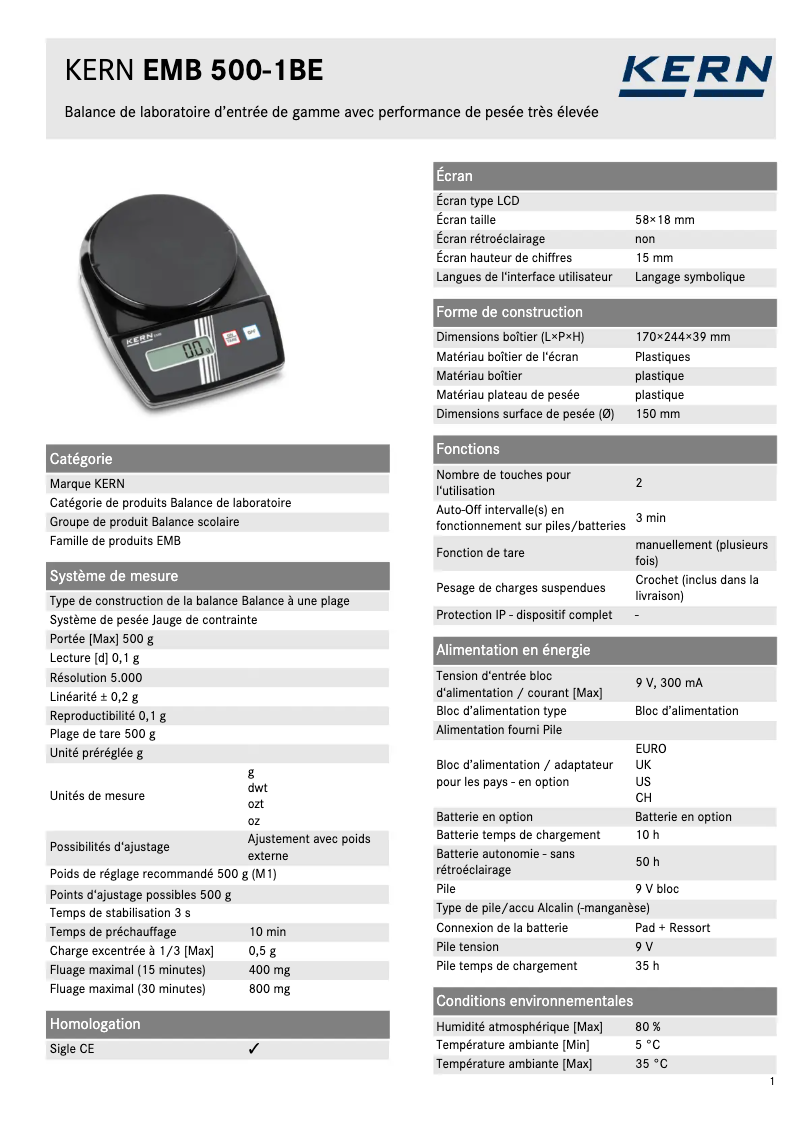 Page 1 de la notice Fiche technique Kern EMB 500-1BE