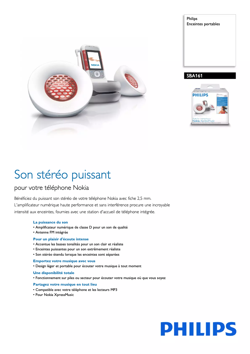Page 1 de la notice Fiche technique Philips SBA161
