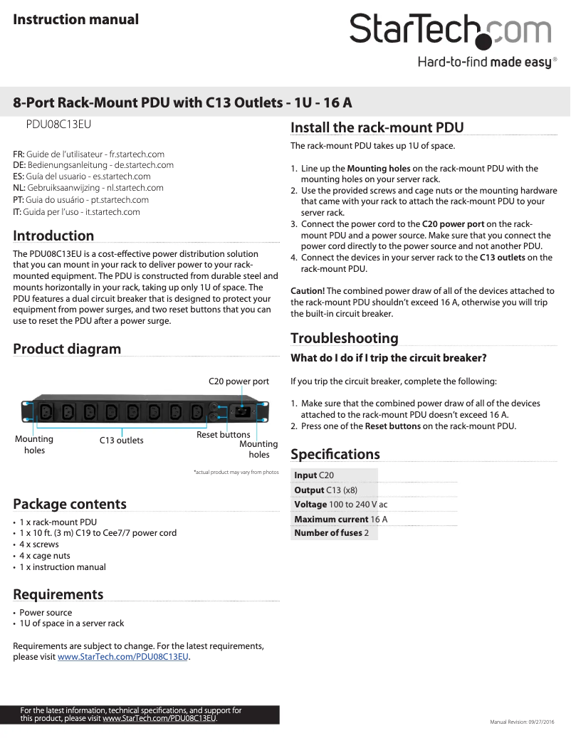 Page 1 de la notice Manuel utilisateur StarTech.com PDU08C13EU