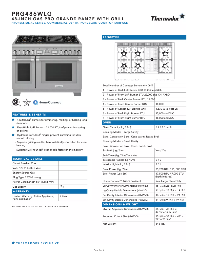Page 1 de la notice Fiche technique Thermador PRG486WLG