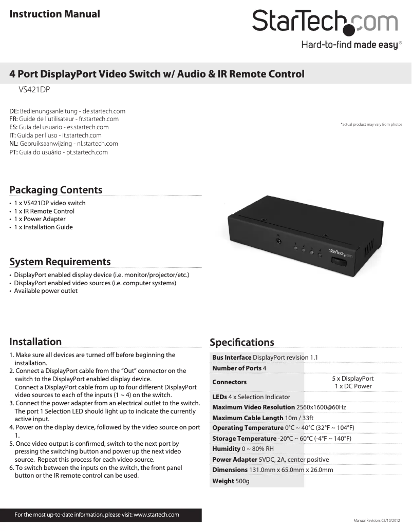 Page 1 de la notice Manuel utilisateur StarTech.com VS421DP