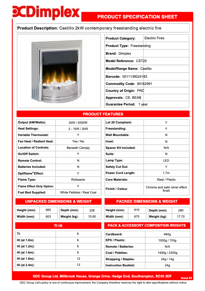 Página 1 del manual Ficha técnica Dimplex CST20