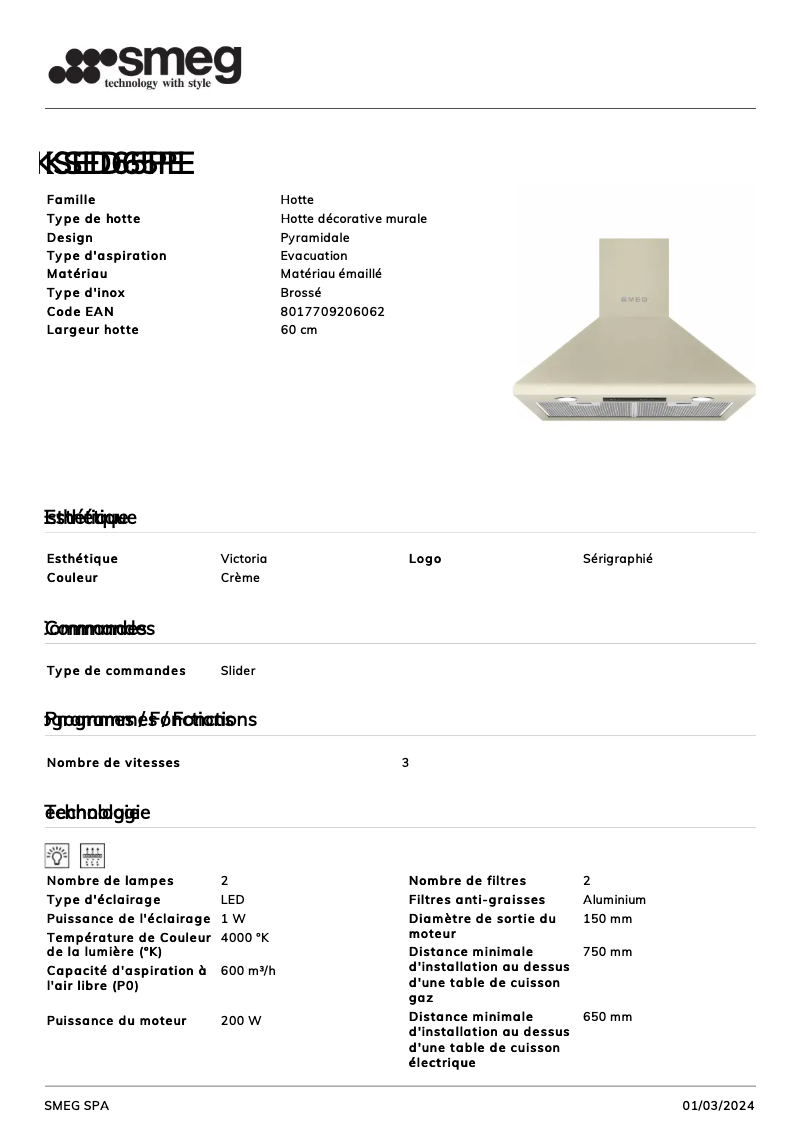 Page n°1 - Fiche technique Smeg KSED65PE