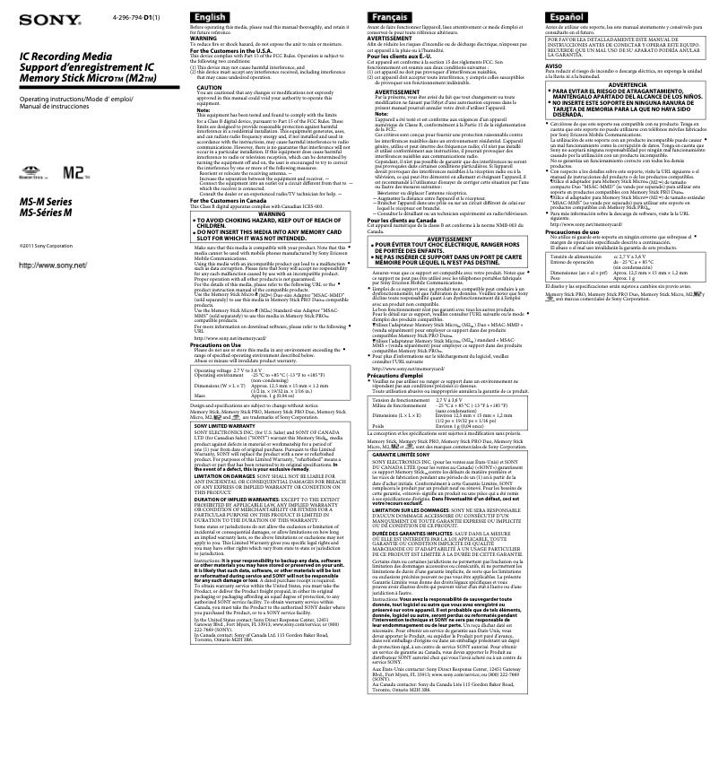 Page 1 de la notice Manuel utilisateur Sony MS-M16