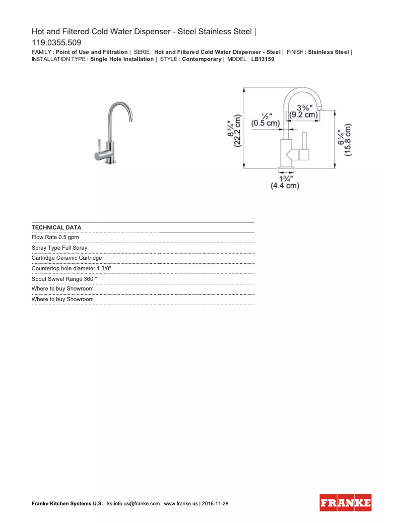 Página 1 del manual Ficha técnica Franke LB13150