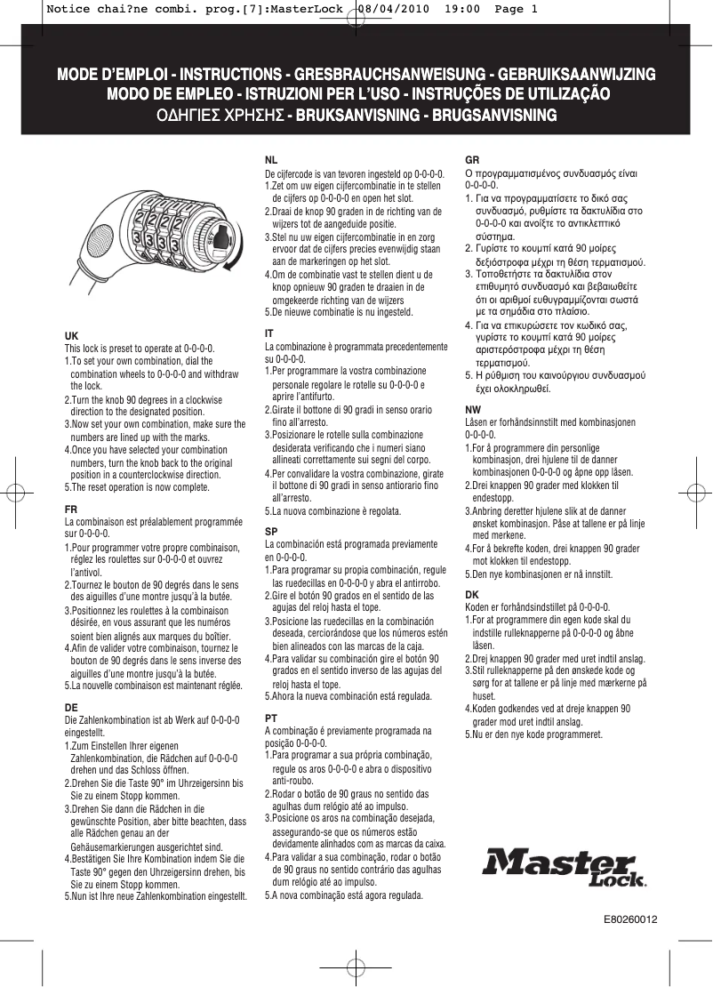 Page n°1 - Manuel utilisateur Master Lock 8028
