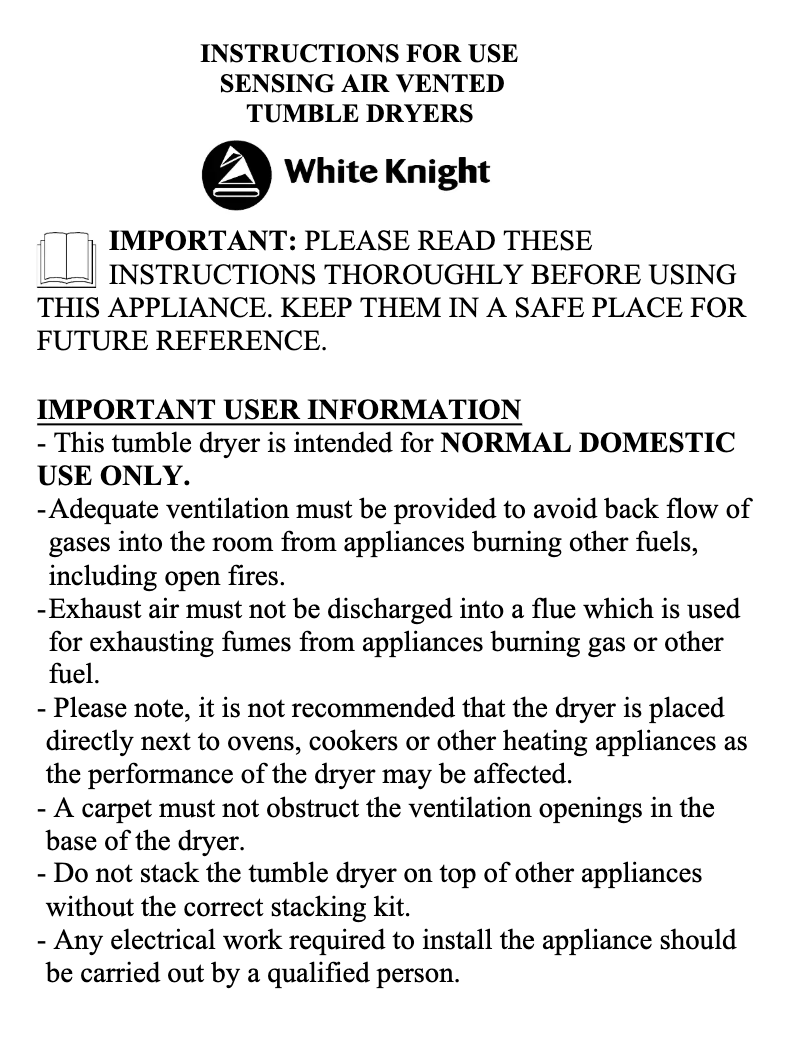 Page 1 de la notice Manuel utilisateur White Knight C86AW