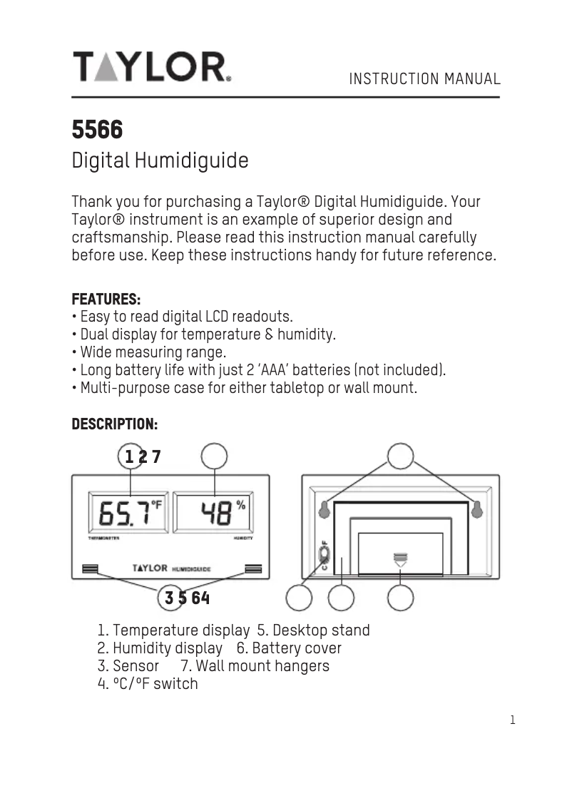 Page n°1 - Manuel utilisateur Taylor 5566